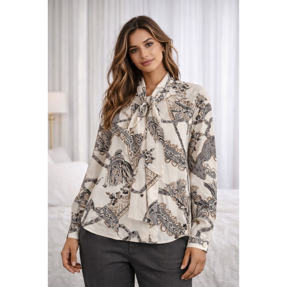 Alfred Dunner Womens Blouse Size 14 Button Front Gray Tie Neck Long Sleeve Shirt